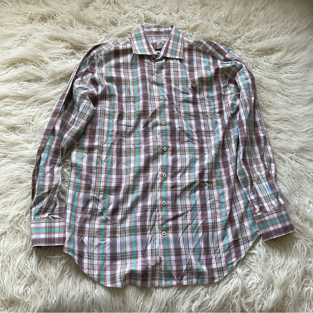 PETER MILLAR ~ Men's‎ Turquoise & Purple Plaid Cotton Long Sleeve Shirt